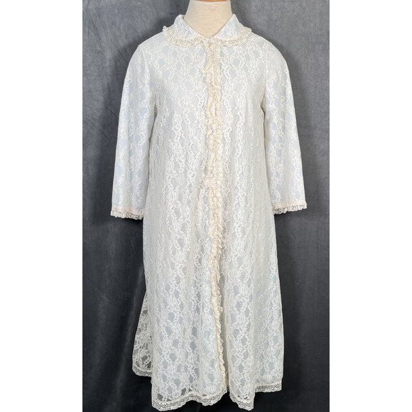 Vtg Miss Elaine Blue w/Ivory Lace Overlay Housecoat Robe Med. Grannycore Chrty - Picture 1 of 12
